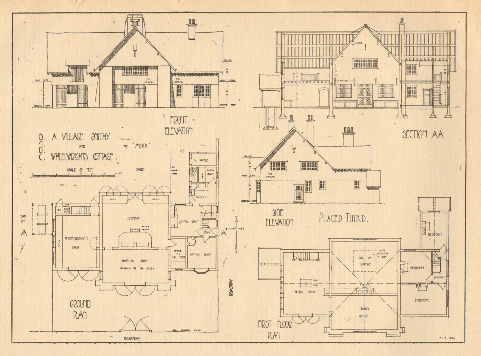 A village smithy & wheelwright's cottage. Elevations & plans 1904 old print